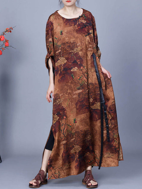 Women Retro Flower Spliced Spring Loose Dress