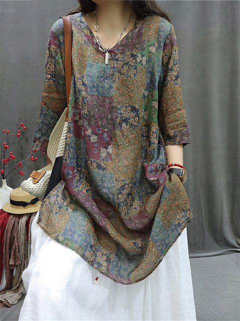 Plus Size Women Summer Retro Spliced V-Neck Loose Long Shirt