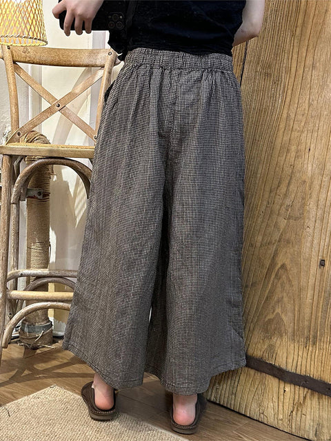 Pantaloni larghi in lino e cotone a quadri primaverili da donna taglie forti