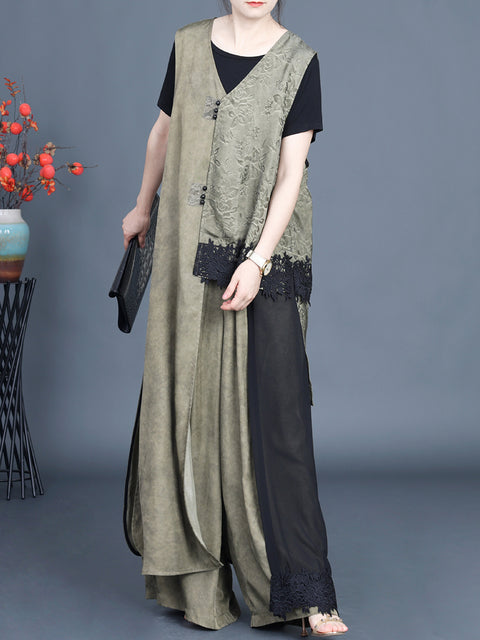 Women Summer Vintage Irregular Spliced Vest+Pants