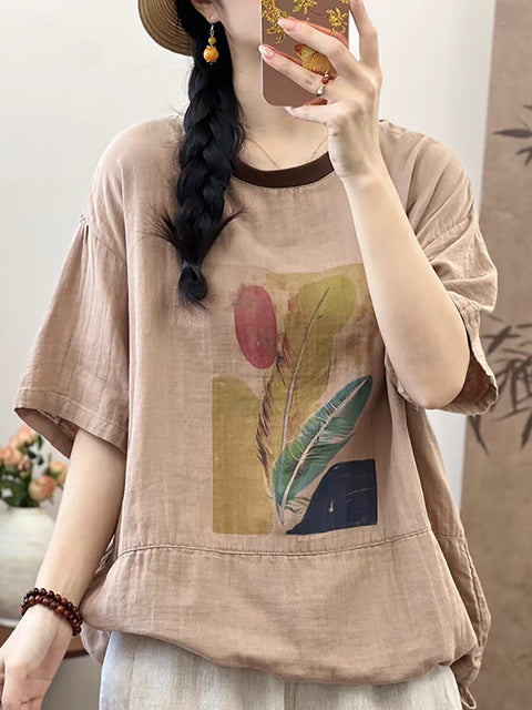 Camicia estiva da donna in cotone con stampa di piume