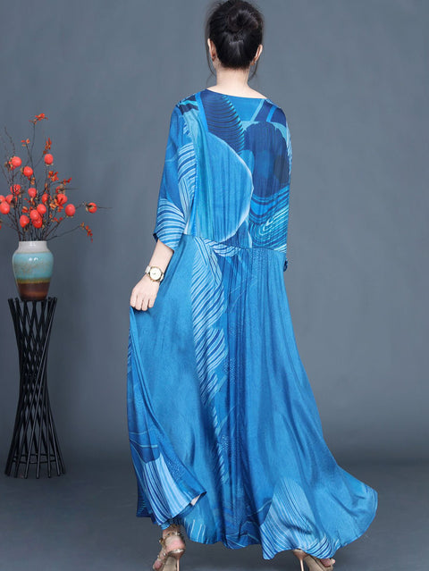 Women Summer Casual Print Blue O-Neck Maxi Dress