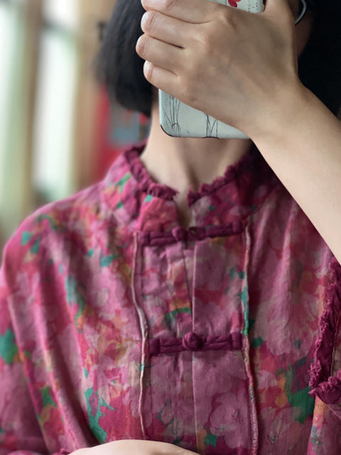 Camicia da donna in lino con bottoni e bordo grezzo, motivo floreale vintage