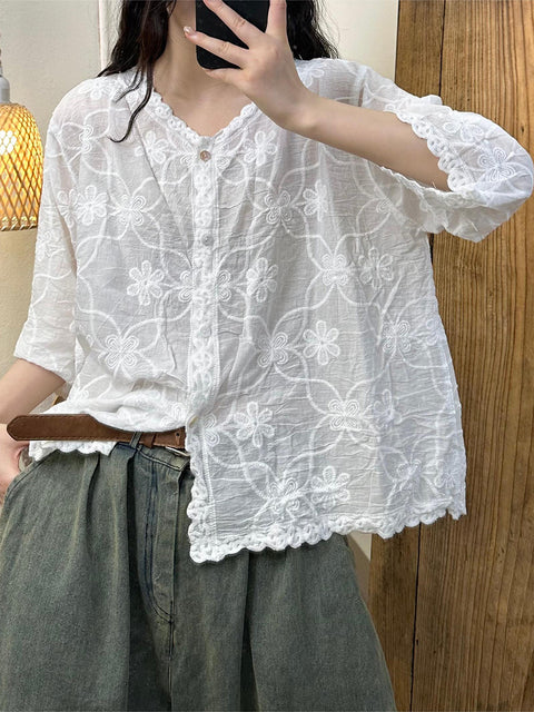 Camicia estiva da donna con ricamo floreale vintage