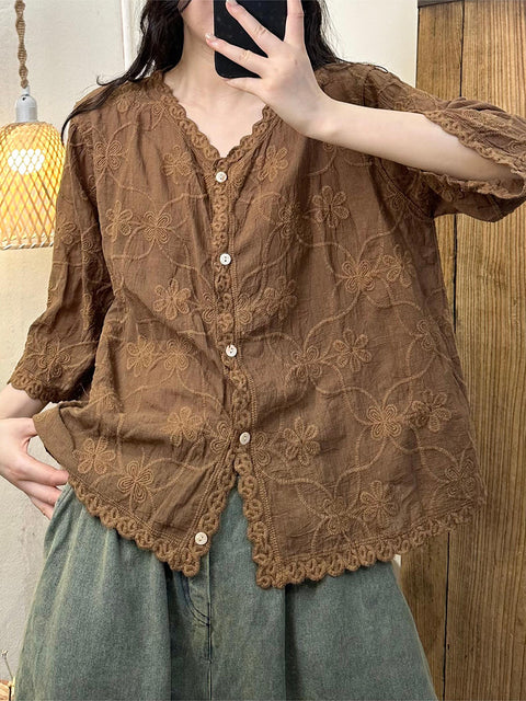 Camicia estiva da donna con ricamo floreale vintage