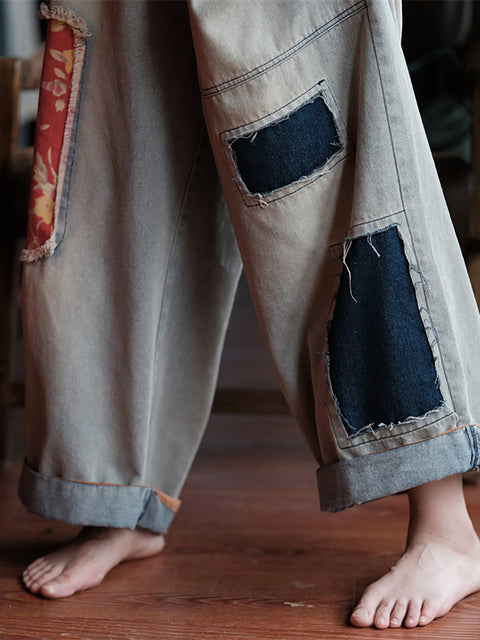 Pantaloni in denim a gamba larga con toppe cucite, da donna, estivi