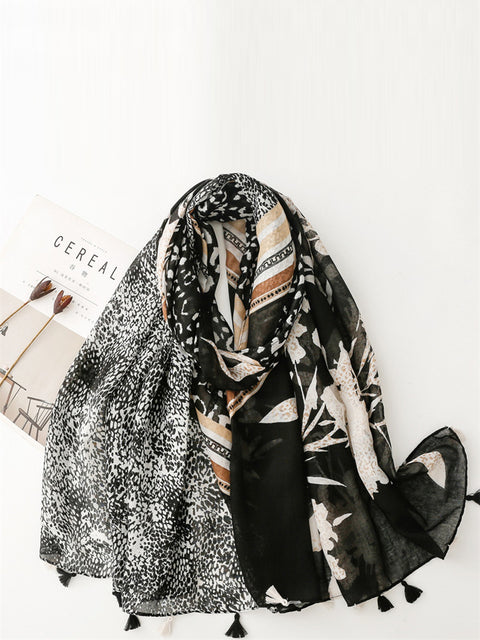 Women Flower Leopard Print Spliced Tassel Scarf