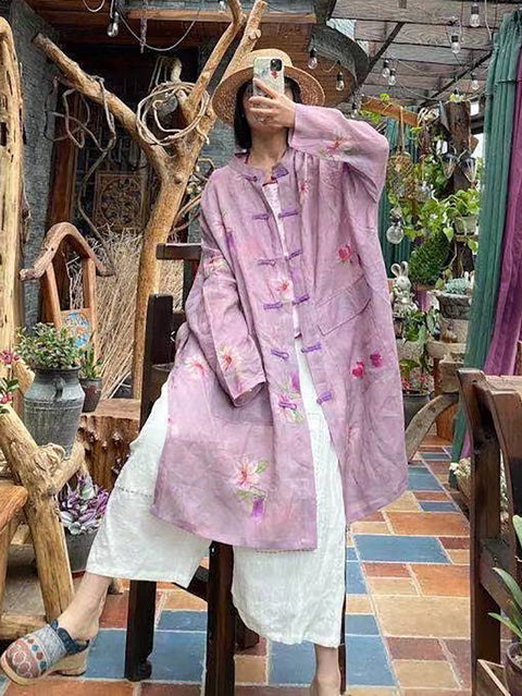 Women Summer Vintage Flower Button-up Ramie Shirt Coat