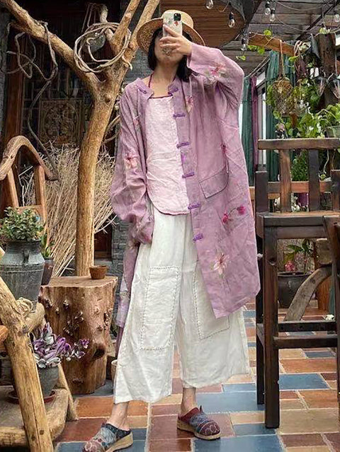 Women Summer Vintage Flower Button-up Ramie Shirt Coat