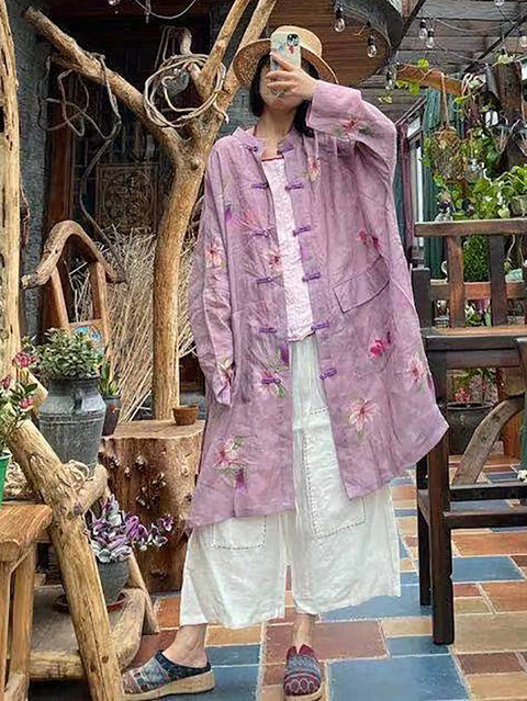 Women Summer Vintage Flower Button-up Ramie Shirt Coat