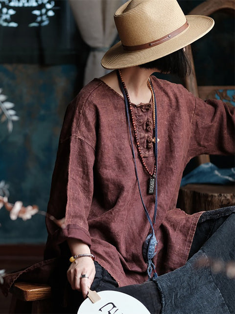 Women Summer Ethnic Solid Linen Button Loose Shirt