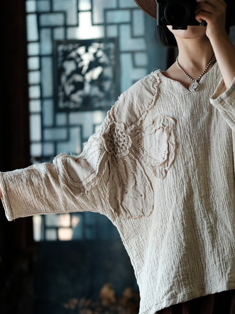 Camicia da donna in lino e cotone con scollo a V e toppa a fiori retrò