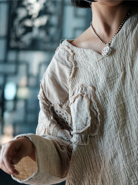 Camicia da donna in lino e cotone con scollo a V e toppa a fiori retrò