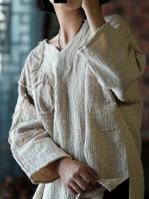 Camicia da donna in lino e cotone con scollo a V e toppa a fiori retrò