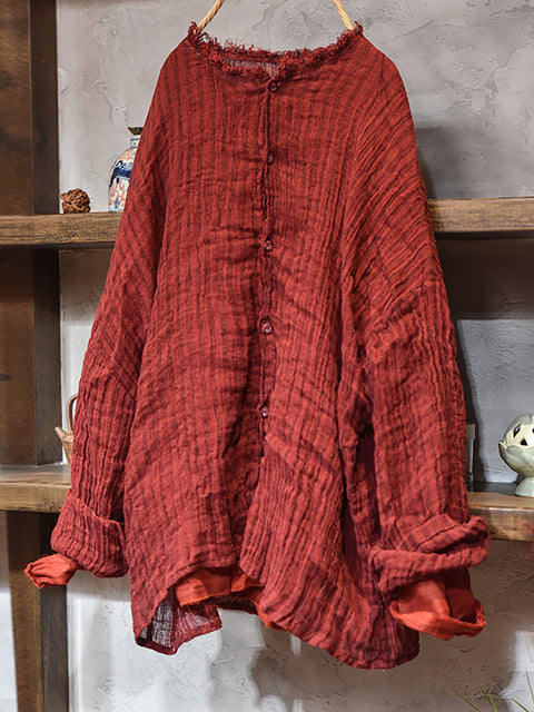 Camicia da donna in lino con bordo grezzo a righe vintage autunnali