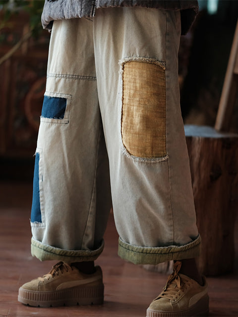 Pantaloni harem in denim con toppe vintage da donna