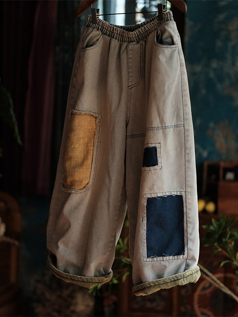 Pantaloni harem in denim con toppe vintage da donna