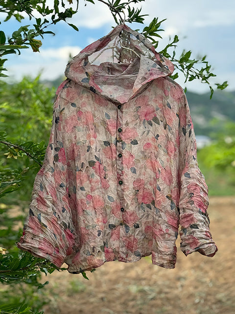 Camicia con cappuccio in lino estivo sottile con fiori vintage da donna