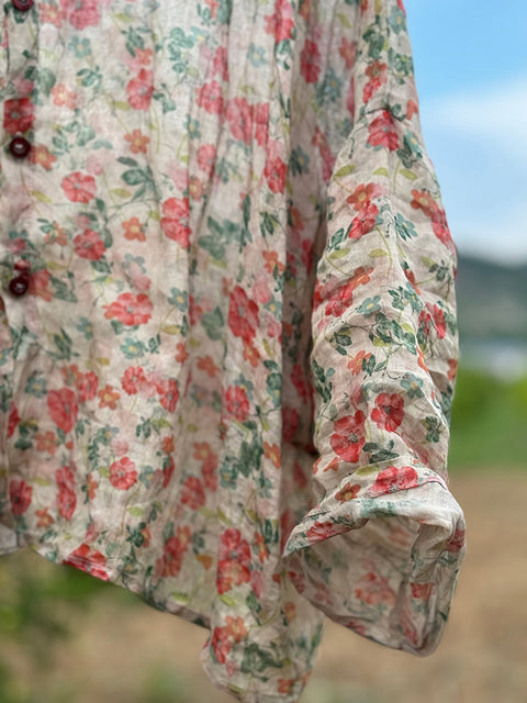 Camicia con cappuccio in lino estivo sottile con fiori vintage da donna