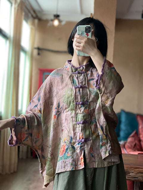 Camicia da donna estiva in lino con bottoni e fiori etnici