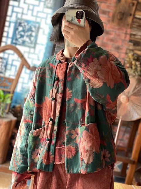 Women Autumn Ethnc Flower Button Pocket Cotton Coat