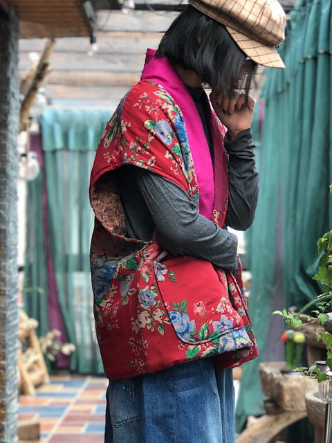 Gilet in cotone con patchwork di fiori etnici da donna