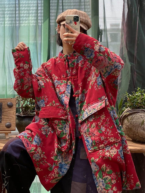 Cappotto invernale da donna in cotone con bottoni e tasca a forma di fiore vintage