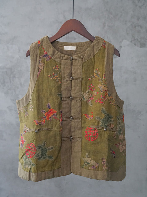 Gilet in lino con scollo a V e fiori etnici autunnali da donna