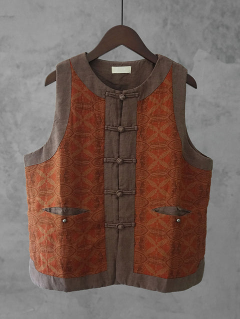 Women Autumn Ethnic Flower Colorblock O-Neck Linen Vest