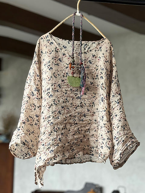 Women Summer Artsy Floral Thin Loose Ramie Blouse