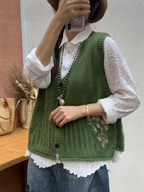 Gilet con cappuccio in maglia con ricamo floreale artistico autunnale da donna