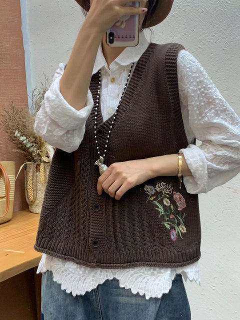 Gilet con cappuccio in maglia con ricamo floreale artistico autunnale da donna