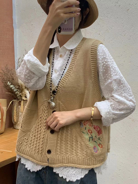 Gilet con cappuccio in maglia con ricamo floreale artistico autunnale da donna