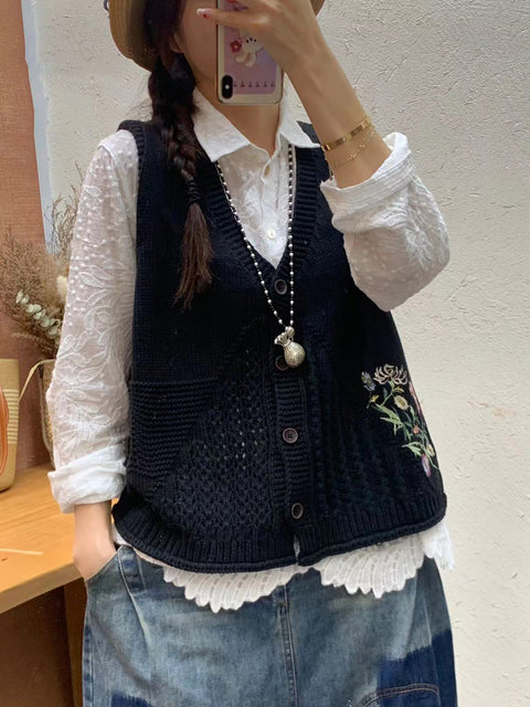 Gilet con cappuccio in maglia con ricamo floreale artistico autunnale da donna