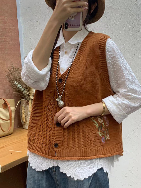 Gilet con cappuccio in maglia con ricamo floreale artistico autunnale da donna