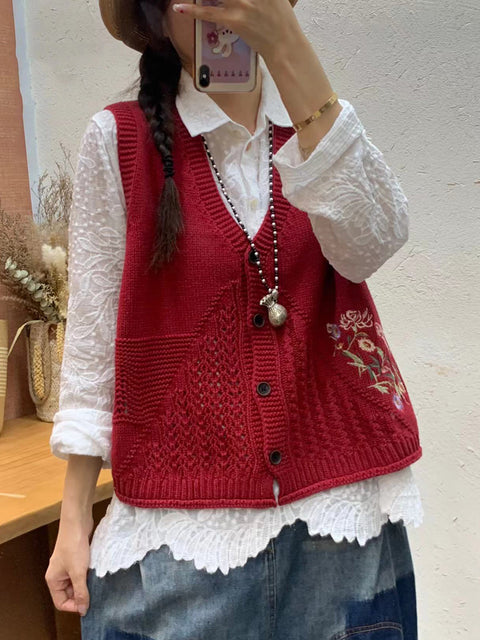 Gilet con cappuccio in maglia con ricamo floreale artistico autunnale da donna