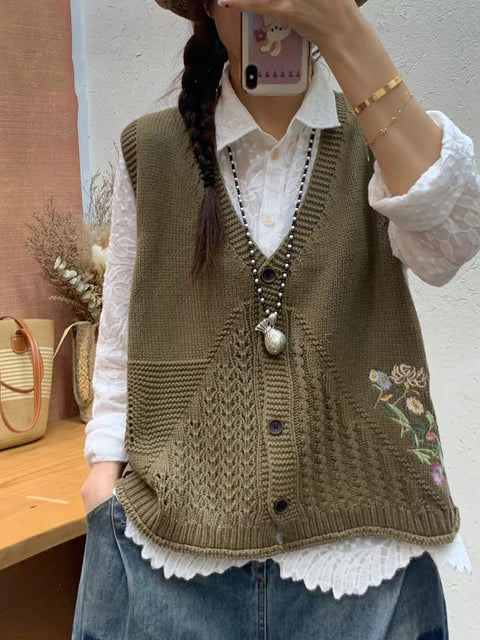 Gilet con cappuccio in maglia con ricamo floreale artistico autunnale da donna