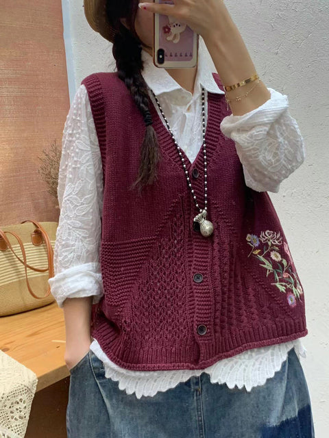 Gilet con cappuccio in maglia con ricamo floreale artistico autunnale da donna