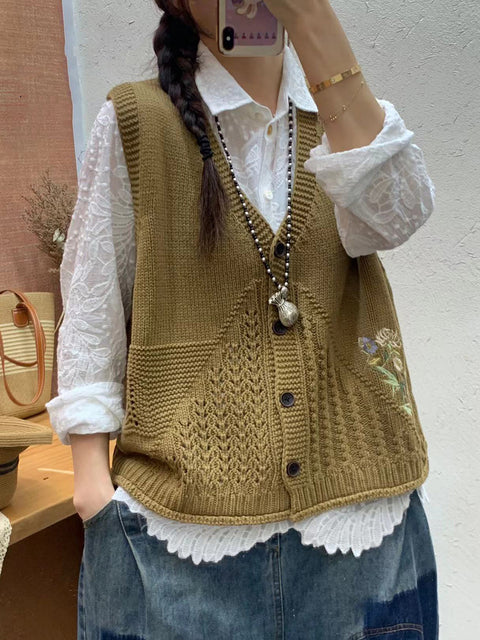 Gilet con cappuccio in maglia con ricamo floreale artistico autunnale da donna