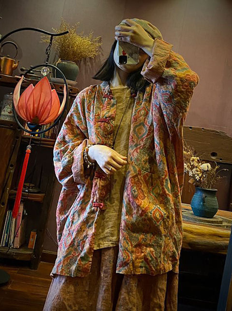 Cappotto in cotone con bottoni e fiori autunnali vintage da donna