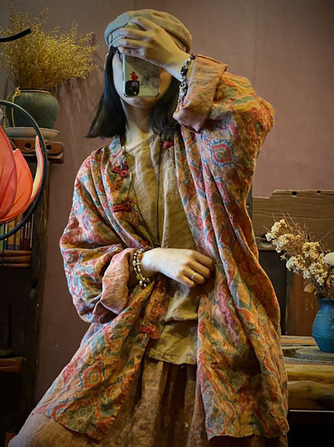 Cappotto in cotone con bottoni e fiori autunnali vintage da donna