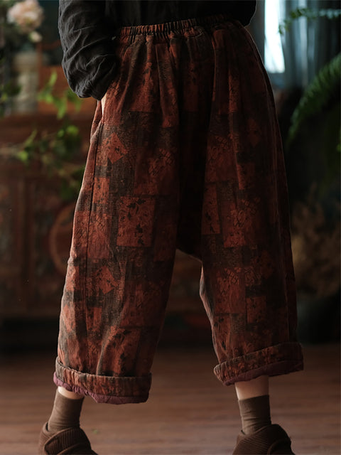 Pantaloni harem in cotone con giunture a fiori vintage autunnali da donna