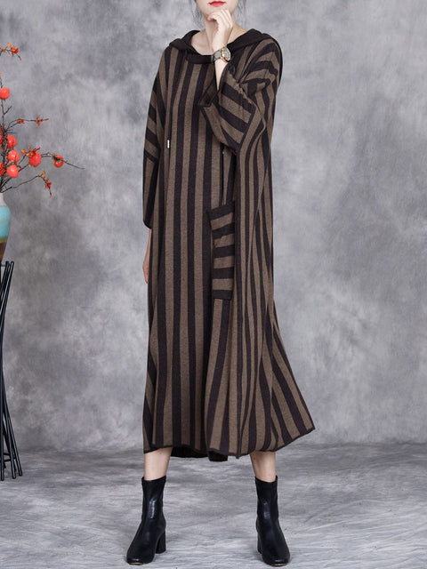 Women Autumn Artsy Stripe Colorblock Hooded Knit Dress