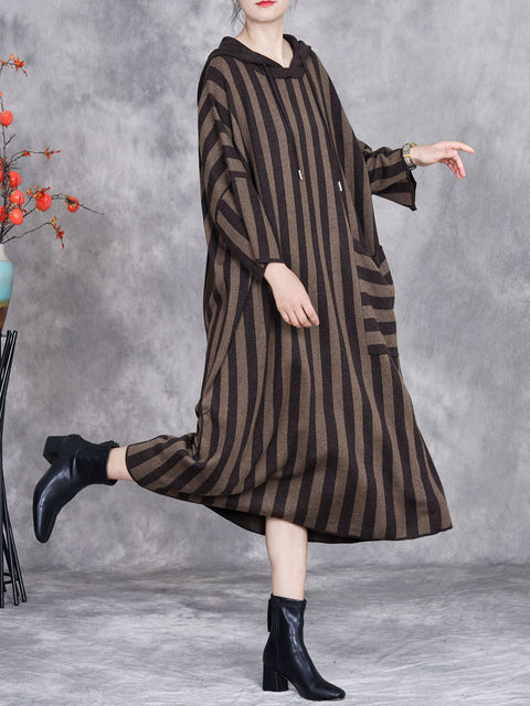 Women Autumn Artsy Stripe Colorblock Hooded Knit Dress