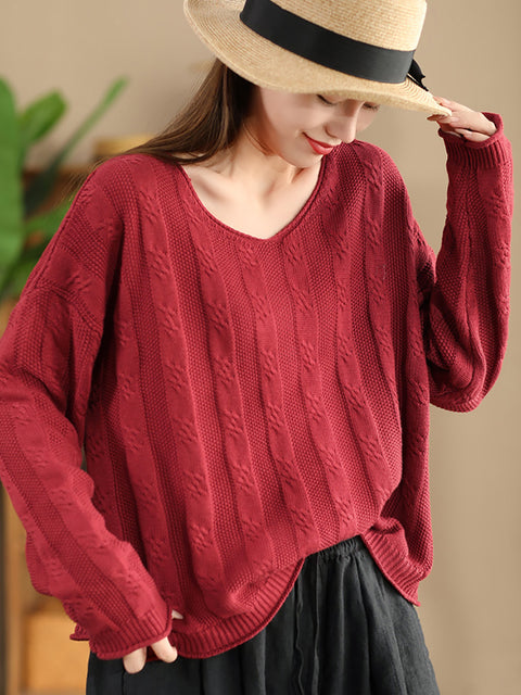 Women Artsy Autumn Cotton V-Neck Knit Sweater