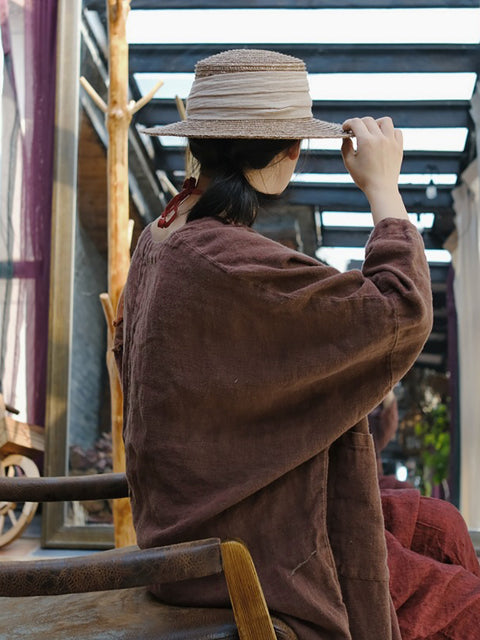 Cappotto in cotone con colletto alto e fiori etnici autunnali da donna