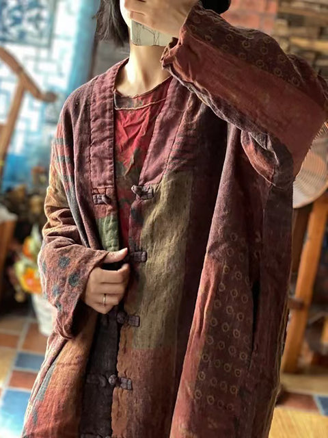 Women Ethnic Patchwork Spliced Loose Linen Coat