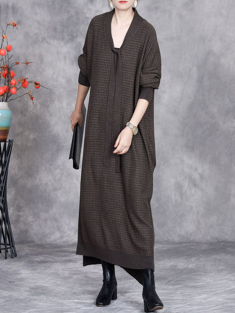 Women Autumn Artsy Cashmere Plaid Strap Knit Dress