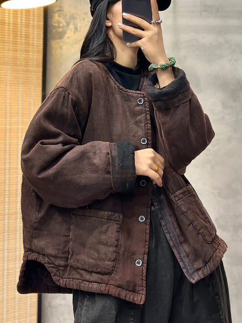 Women Autumn Patchwork O-Neck Linen Jacket