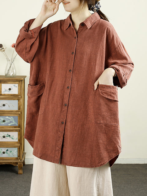 Women Autumn Casual Solid Button-up Linen Shirt